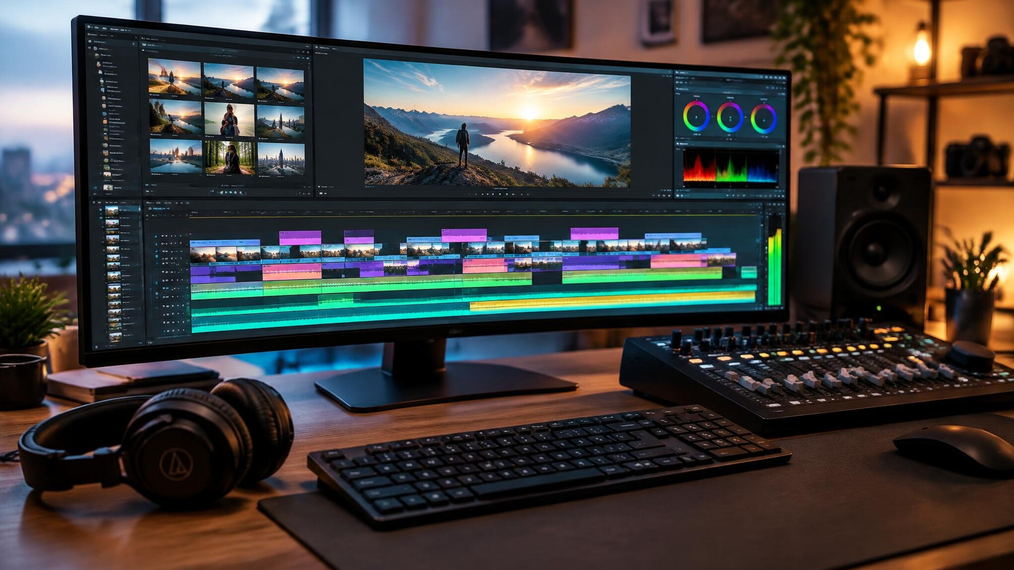 Video editor working on a timeline on a large monitor in a dark editing suite