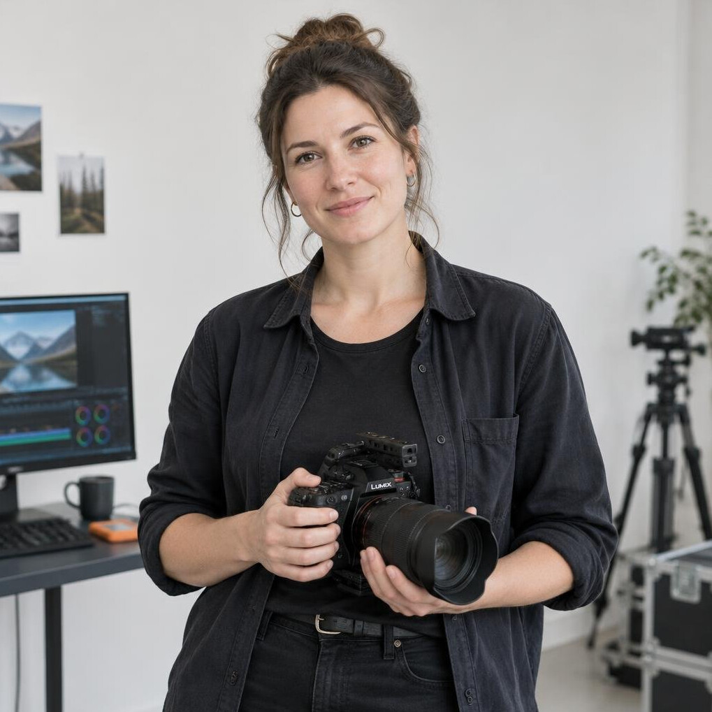 Smiling woman in a studio holding a camera